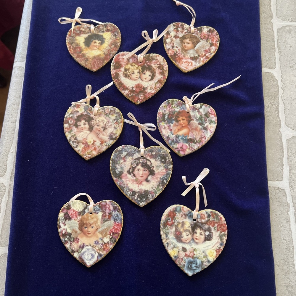 Bradford Heavenly Hearts Victorian Angels Porcelain 8 Christmas Ornaments Lot